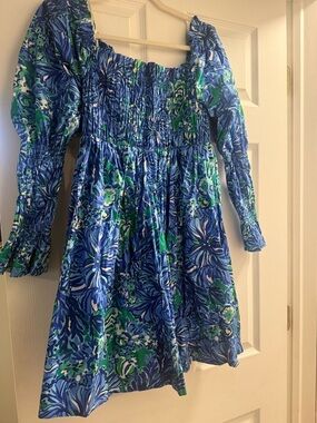 Lilly Pulitzer Blue & Green Floral Smocked Casual Dress